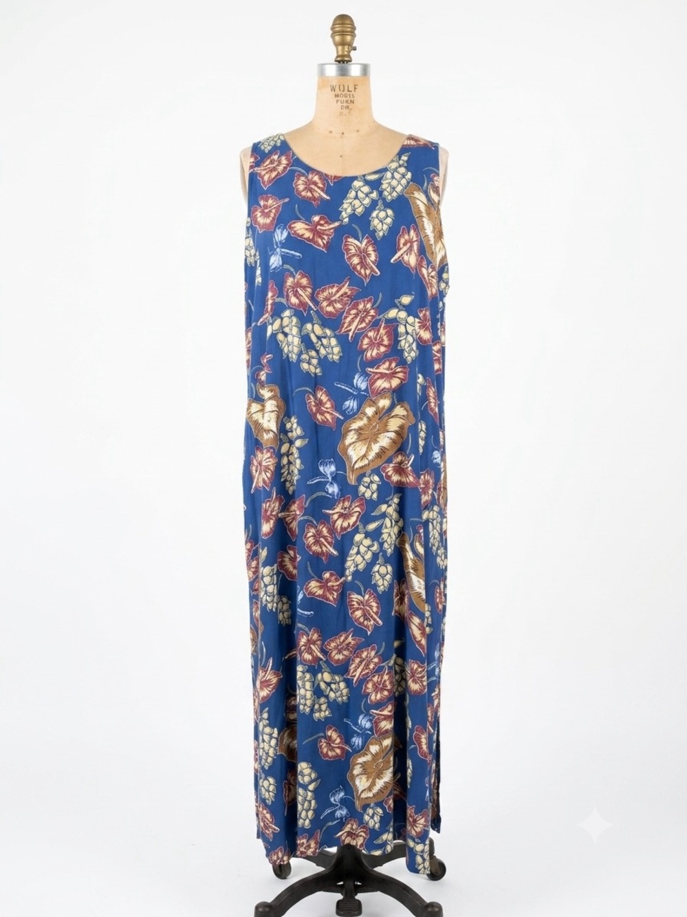 Vtg 80s/90s Reyn Spooner Blue Hawaiian Maxi Dress Rayon Floral Resort Beach Sz L